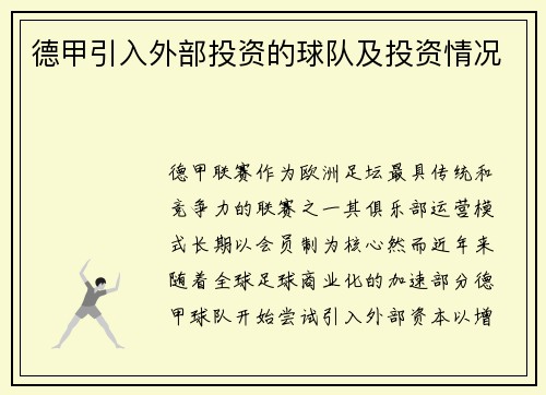 德甲引入外部投资的球队及投资情况